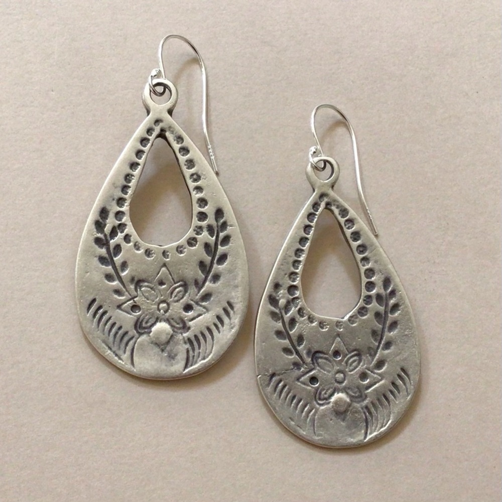 Hand Crafted Silver-Tone Floral Teardrop Earrings